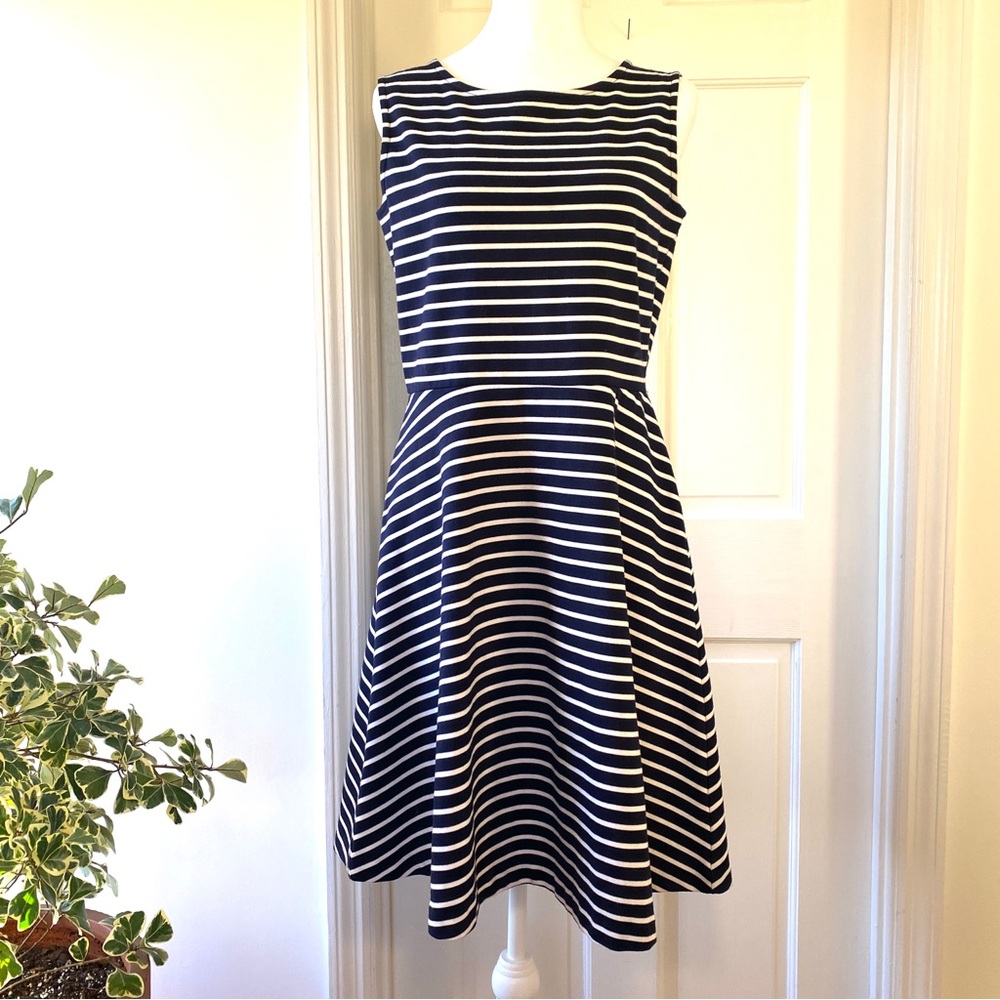 COPY - Talbots Stretch Knit Fit & Flare Dress M Striped Preppy Casual Career Ch…